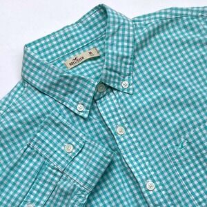Hollister Mens Gingham Button Down Shirt Aqua White Long Sleeve Size M Spring
